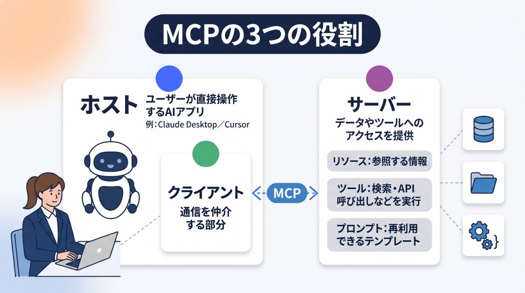 MCPの3つの役割：ホストはユーザーが直接操作するAIアプリ（例：Claude Desktop、Cursor）、クライアントはホストの中で通信を仲介する部分、サーバーはデータやツールへのアクセスを提供し、リソース・ツール・プロンプトの3種類の機能を公開する