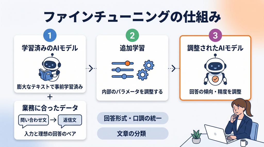 ファインチューニングの仕組み:膨大なテキストで事前学習済みのAIモデルに、問い合わせ文と返信文のような入力と理想の回答のペアを追加学習させて内部のパラメータを調整し、回答の傾向や精度を調整する(回答形式・口調の統一、文章の分類に活用)